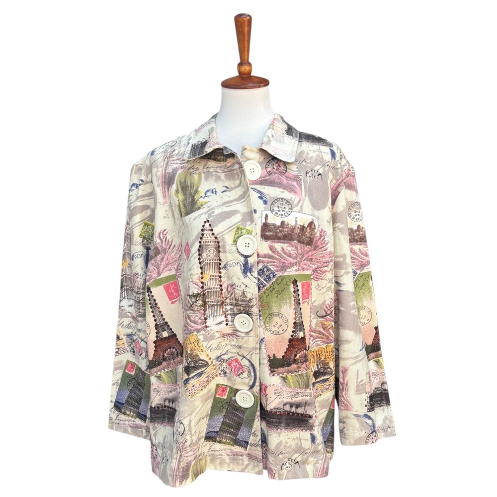 Vintage CJ Banks Women’s 1X Europe Paris Travel Postcard Multi Color Jacket